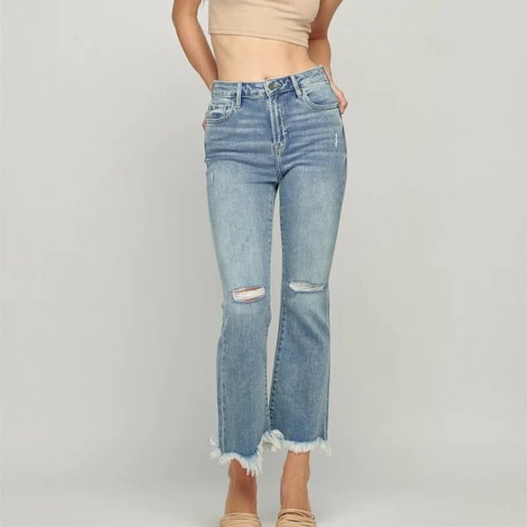 Happy Light Wash Distressed Cropped Frayed Flare - Picture 1 of 3